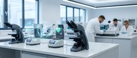 Modern laboratory with microscopes on white tables and scientists working in background conducting research and experiments in bright medical facility.