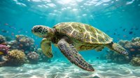 Green sea turtle swimming gracefully through crystal clear tropical waters above vibrant coral reef with sunlight filtering from surface creating magical underwater scene.