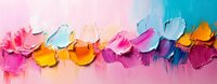 Vibrant oil paint strokes in pink, blue, orange and purple create abstract floral shapes on canvas, textured palette knife technique shows bold artistic expression.