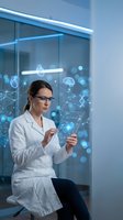 Female scientist in white lab coat using futuristic holographic technology interface for medical research and data analysis in modern laboratory.