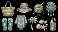 Straw tote bag, striped sun hat, knitting needles with yarn, mandala ornament, embroidered sandals, patterned poncho, palm tree, seashells, and pencil holder isolated on transparent background. Ready for t-shirt designs, clipart, stickers, and print-on-demand products.
