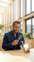 Professional mixed-race businessman examining light bulb with magnifying glass in modern office, representing innovation and problem-solving concepts.