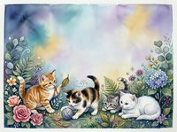Adorable kittens playing in enchanted garden with roses and wildflowers on dreamy watercolor background for nursery decor and greeting cards.