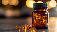 Amber glass bottle with omega-3 fish oil capsules scattered on wooden surface against blurred warm bokeh lights background, healthcare supplement concept.