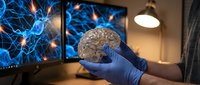 Medical researcher in blue gloves examining human brain model with neural network displays on monitors in modern laboratory for neuroscience study.