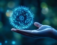 Glowing blue sphere of connected dots floating above open palm against dark background, representing digital transformation and future technology.
