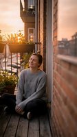 Young woman with long dark hair, Caucasian ethnicity, sitting peacefully on urban balcony at golden hour surrounded by potted plants, enjoying sunset city views for lifestyle and wellness content.