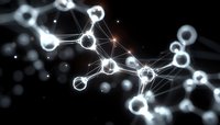 Glowing molecular structure with connected atoms and bonds on dark background creates futuristic scientific visualization for chemistry and biotechnology concepts.