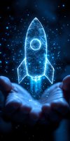 Glowing blue rocket hologram floating above open palms against dark background with sparkles and particles, representing startup and innovation concept.
