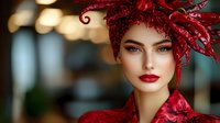Young Caucasian woman with bright red avant-garde headdress and matching outfit against blurred background. Dramatic fashion portrait with bold makeup and striking blue eyes.