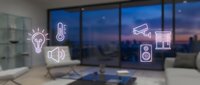 Modern apartment interior with neon smart home technology icons floating above furniture, cityscape visible through large windows at dusk, representing connected living automation.