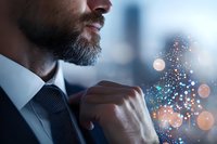Thoughtful businessman with beard in suit against blurred city lights and bokeh effects, representing success and leadership in corporate world.