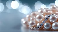 Elegant pearl necklace with sparkling diamond elements on soft blue bokeh background, luxury jewelry macro photography highlighting shimmer and detail.