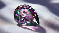 Pear-shaped mystic topaz gemstone with rainbow iridescent facets displaying pink, purple, and green hues on soft white fabric with natural lighting and shadow effects.