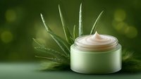 Luxurious face cream jar with fresh aloe vera leaves on green bokeh background, natural cosmetic moisturizer for skincare and beauty treatment.