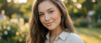 Young professional Caucasian woman with long brown hair smiling confidently in business casual attire outdoors during golden hour for corporate headshots.