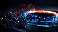 Futuristic circular technology pattern with glowing blue and orange light effects, digital data visualization rings and particles on dark background.