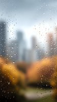 Raindrops on window glass with blurred urban skyline and autumn trees in background creating moody atmospheric cityscape on rainy fall day.