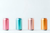 Colorful aluminum beverage cans in pastel and metallic colors arranged in row on white background, minimalist product photography for branding mockup.
