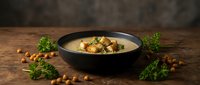Creamy mushroom soup with roasted hazelnuts and fresh herbs served in elegant black bowl on rustic wooden table for gourmet dining and culinary presentation.