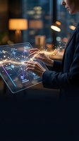 Professional woman using futuristic tablet with glowing network connections and data visualization in modern office environment at night.