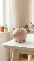 Pink piggy bank on white wooden table in bright home interior with plants and natural light for savings and financial planning concepts.