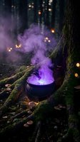 Magical cauldron with glowing purple potion smoke in enchanted forest surrounded by moss-covered trees and bokeh lights, perfect for fantasy and witchcraft designs.