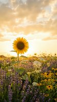 Sunflower blooming in a wildflower meadow at golden sunset, surrounded by lavender and yellow flowers under a glowing sky.