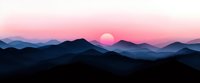 Layered mountain silhouettes against pink and purple sunset sky with rising moon, creating atmospheric depth in minimalist landscape panorama.