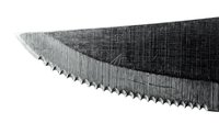 Close-up of sharp serrated saw blade edge with detailed teeth pattern isolated on white background for carpentry and woodworking projects.