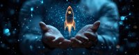 Glowing rocket launching from open palms against starry night sky background, symbolizing business growth, innovation and startup success concept.
