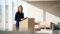 Professional businesswoman unpacking cardboard box in modern office space during relocation or moving day with natural sunlight streaming through windows.