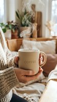 Woman in cozy knit sweater holding steaming ceramic coffee mug at home, warm hygge atmosphere with soft blankets and plants in background.