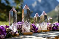 Clear quartz crystal points with pink tips displayed on wooden bases among purple flowers, set against mountain landscape backdrop in natural sunlight.