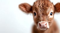 Cute brown and white calf with pink nose looking directly at camera against white background. Suitable for farm, agriculture, dairy, and livestock design projects.