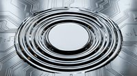Concentric metallic rings create a futuristic tunnel effect with circuit board patterns, suitable for technology, innovation, and digital design projects.