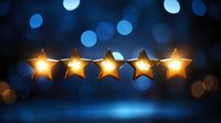 Five glowing golden stars in a row against dark blue bokeh background, representing customer rating, review, quality or excellence in service.