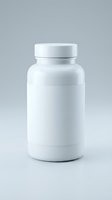 White plastic medicine bottle with screw cap on neutral background for pharmaceutical packaging and healthcare product design mockups.