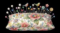 Floral sewing pincushion with colorful pins and bird decorations, isolated on transparent background, ready for crafting clipart, stickers, and print on demand.