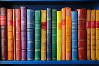 Row of colorful vintage hardcover books standing on dark blue wooden shelf, spines showing various sizes and binding styles for library or education.