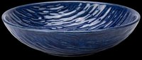 Deep blue ceramic bowl with swirled white brushstroke patterns isolated on transparent background. Ready for design use on product mockups, home decor graphics, tableware catalogs, and print-on-demand merchandise.