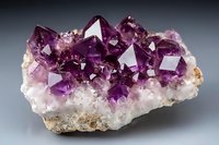 Purple amethyst crystal cluster formation with geometric shapes and facets on white crystalline matrix, displaying natural mineral growth and light reflection.