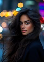 Young woman with flowing dark hair against blurred city lights background, wearing black coat. Natural makeup and confident expression create atmospheric evening portrait.