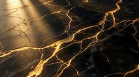 Black marble surface with golden veins and cracks, illuminated by warm light. Luxurious texture suitable for backgrounds, design projects, and interior decor applications.