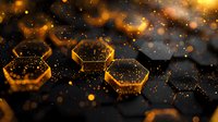 Luxurious golden hexagonal shapes with glittering particles on dark background, creating elegant abstract composition for luxury branding and festive designs.