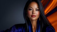 Young Asian woman with long black hair wearing blue velvet blazer against dark background with orange light effect, professional portrait for business and fashion use.