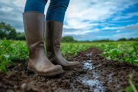 Muddy rubber boots in agricultural field after rain, standing in wet soil among green crops against dramatic cloudy sky. Farming and gardening concept.