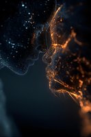 Abstract digital profile silhouette with glowing orange and blue particle effects against dark background, representing technology and artificial intelligence.