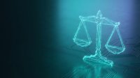 Digital justice scales hologram with glowing cyan wireframe design on gradient background for legal technology and law firm presentations.