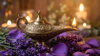 Ornate brass oil lamp with intricate engravings surrounded by purple lavender flowers and rose petals creating magical ambiance with warm candlelight background.